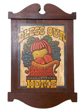 Vintage Folk Wood Rustic ‘Bless Our Home’ Sign 1971